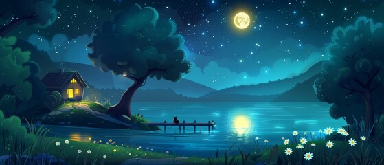 Modern cartoon illustration of a cozy house by a night lake. The cat is sitting under a tree on a hill with daisy flowers on the grass, a wooden dock on the water, and the moon is glowing in the