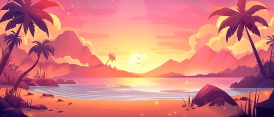 Fototapeta na wymiar Sunset beach scene with calm water, palm trees on shore, rocks and mountains, a pink and yellow gradient sky with clouds and sunlight. Cartoon modern summer evening scene.