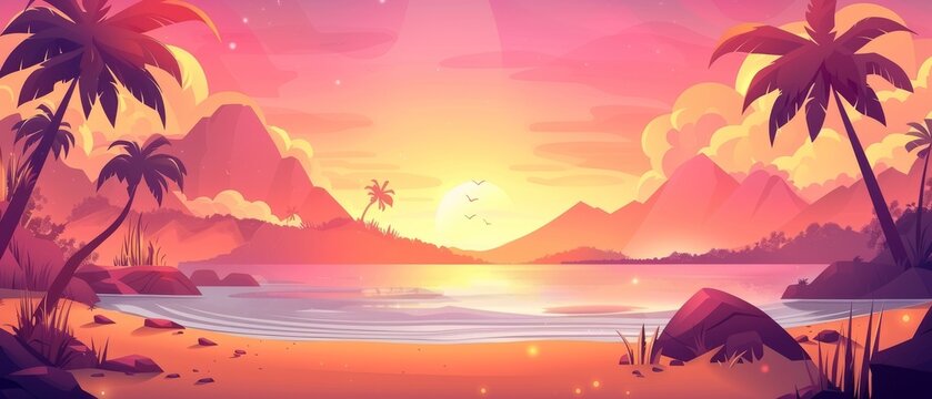 Sunset beach scene with calm water, palm trees on shore, rocks and mountains, a pink and yellow gradient sky with clouds and sunlight. Cartoon modern summer evening scene.