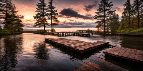 A vibrant sunset paints the sky over a tranquil forest lake pier Generative AI - 756418959