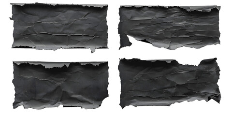 Collection of black paper ripped messages torn with copy space, ripped kraft paper wallpaper, and black wrapping vintage paper isolated top view, isolated on white or transparent background 