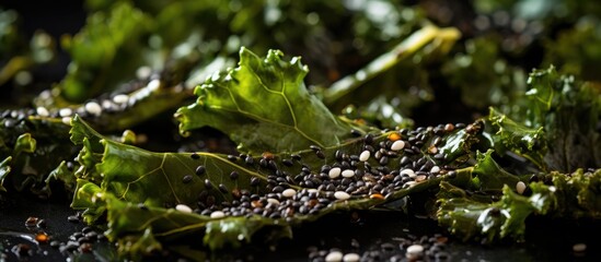 Close up of a pile of kale chips, a snack made from the leafy green vegetable kale, on a table with a natural landscape background