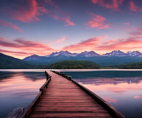 A vibrant sunset paints the sky over a serene lake. Generative AI - 756419542