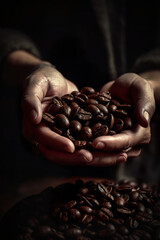 Hands cradle coffee beans, offering a promise of warmth and energy, a prelude to the beloved brew.