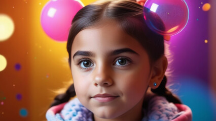 Fototapeta na wymiar Portrait cute hispanic child on Pop-Art background. Serious little latin american kid girl