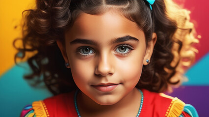 Portrait cute hispanic child on Pop-Art background. Serious little latin american kid girl