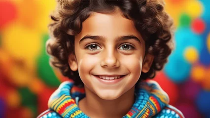 Fototapeten Portrait cute hispanic child on Pop-Art background. Happy little latin american kid boy © Yekatseryna