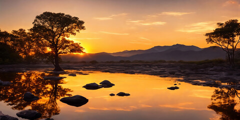 Flat terrain bushes in sunset. Hills on horizon, calm lake reflects clouds between stones. Generative AI. - 756419970
