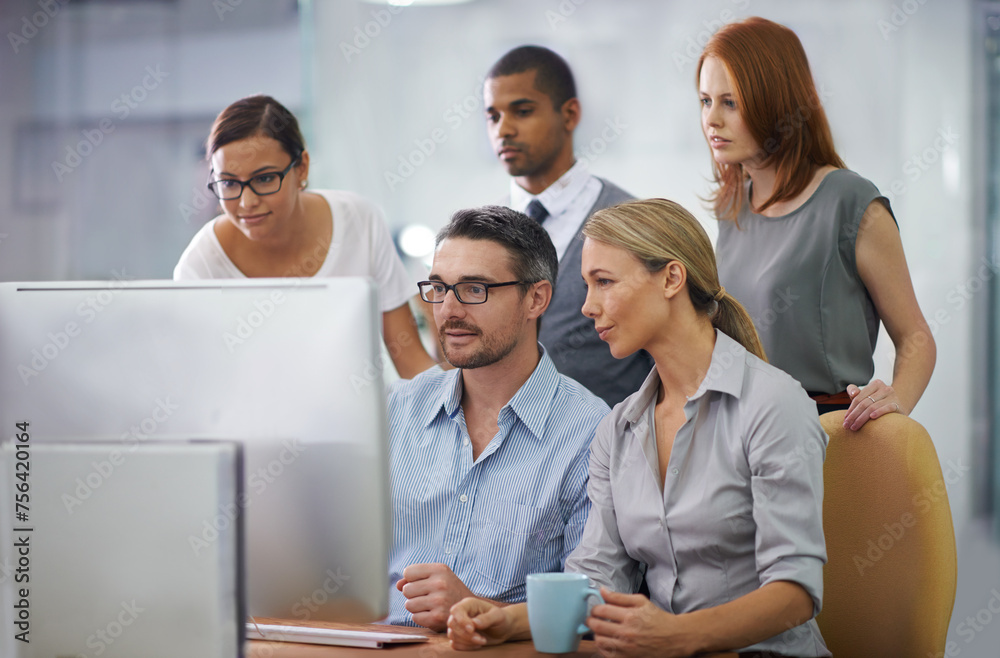 Poster group, collaboration and help on computer from team, mentor and training employees in office. people