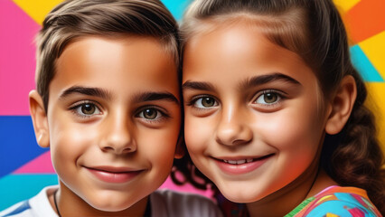 latin american kids on Pop-Art background. Portrait happy cute hispanic children. Family love and...