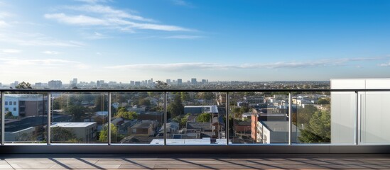 Balcony with metal handrails overlooking urban landscape - Powered by Adobe