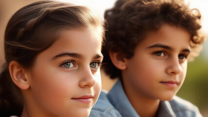 Obraz premium latin american kids on sunny natural background. Portrait happy cute hispanic children. Family love and relationship sibling concept
