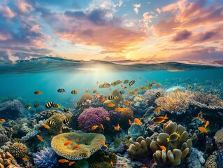 Vibrant coral reef teeming with tropical fish against a dramatic sunset sky.