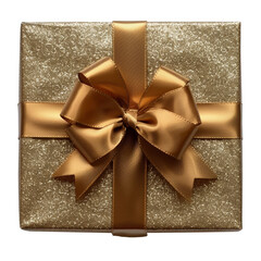 Gift box in gold craft wrapping paper and gold satin ribbon on transparent background