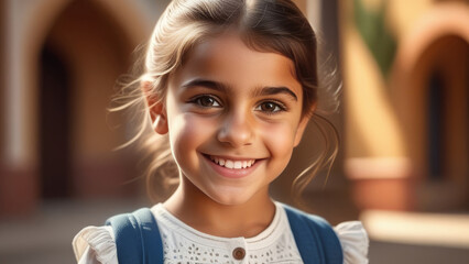Cute happy hispanic child portrait. Little latin american kid girl smile on rustic sunny ethnic background in Natural Sunlight	