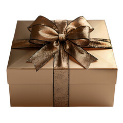 Gift box in gold craft wrapping paper and gold satin ribbon on transparent background - 756420738