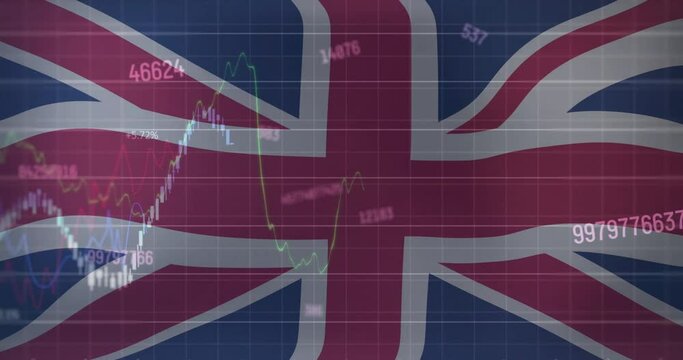 Animation of flag of united kingdom over graph and processing data