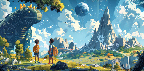 Obraz na płótnie Canvas A boy and a girl are looking at a dinosaur in a field