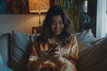 Hispanic woman at home on sofa in the living room, the woman smiles contentedly holds the phone in her hands, uses applications on the smartphone, browses the Internet and social networks,GenerativeAI