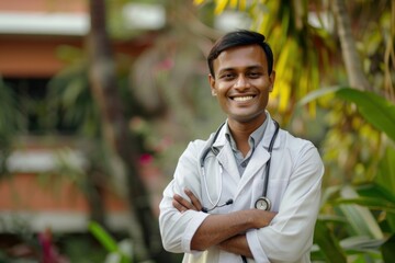 Happy and successful Hindu doctor, a young medical practitioner smiling and looking at the camera outside a medical clinic, a man in a medical gown with crossed arms and a stethoscope, Generative AI