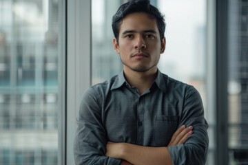 Portrait of hispanic successful businessman, successful man in shirt looking at camera with crossed arms, worker inside office near window, Generative AI