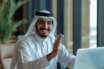 Young arab businessman inside office workplace using laptop for remote communication video call, man greeting and smiling, waving hand gesture of greeting and friendship, Generative AI
