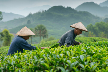 two men in straw hats work in a tea farm