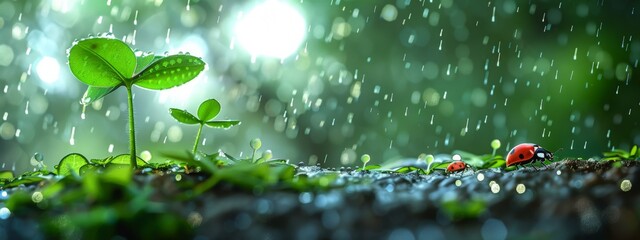 Green plants break ground, minimalist background 
