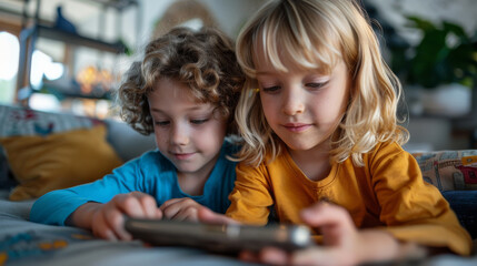 Two young children are sitting on a couch, playing a video game on a tablet