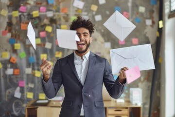 Young successful arab businessman at workplace inside office, man smiling satisfied received mail letter envelope notification message with good news, boss in business suit, Generative AI