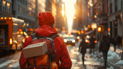 Obraz premium Traveler in city at sunset