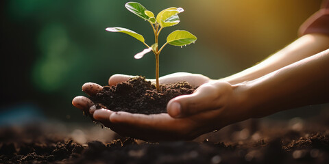 In the hands of a human is the earth, from which a green young seedling is sprouting. Environment Earth Day. Earth Day. Concept of forest conservation, environment. Ecology