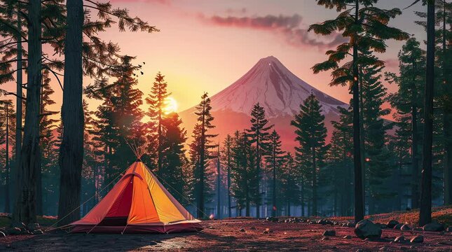 Tranquil Indian tent amid a picturesque pine forest at sunset Seamless looping 4k time-lapse virtual video animation background. Generated AI