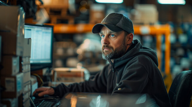 Man working on computer in warehouse