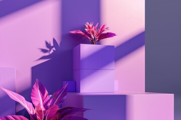 three stacked purple boxes and a pink plant in front of it