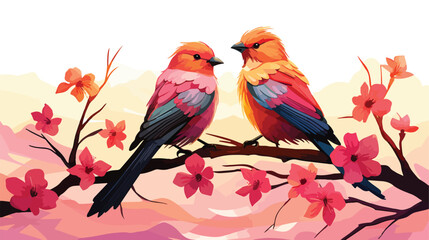 A pair of lovebirds perched on a blossoming branch