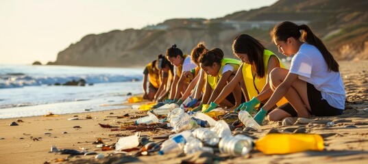 Student volunteers sorting recyclables and marine litter at beach cleanup in school uniforms - obrazy, fototapety, plakaty