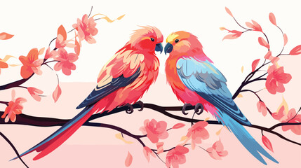 A pair of lovebirds perched on a blossoming branch