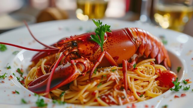 Italian pasta with fresh seafood lobster served on plate on white table.