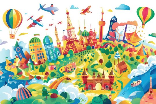 colorful world travel landmarks with colorful clouds