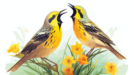 A pair of meadowlarks singing in harmony on a sunny