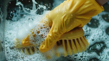 A hand wearing a yellow glove holding a scrub brush, with soap suds and water droplets visible. - Powered by Adobe