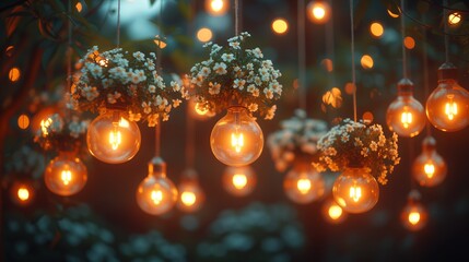 Fototapeta premium Transparent glass decorative bulbs on a garland hung on a blooming tree with green to decorate and consecrate the park at night. Wedding decoration, outdoor cafe decor, cute party decorations