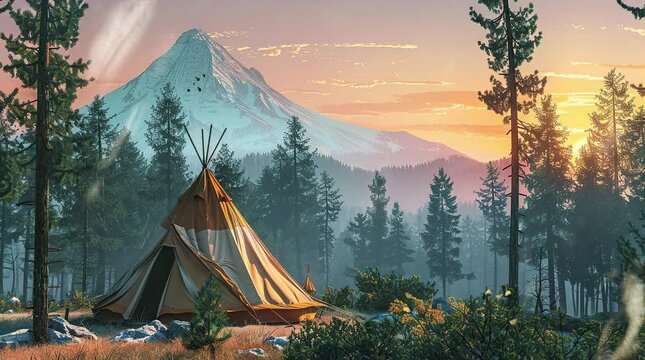 Indian tent nestled against the majestic blue mountains. Serene wilderness getaway. Seamless looping 4k time-lapse virtual video animation background. Generated AI