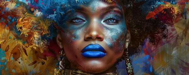 Striking Portrait of a Woman With Blue-Painted Skin Amidst Colorful Abstract Art