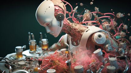 A robot emerging from a tangle of wires and circuit boards
