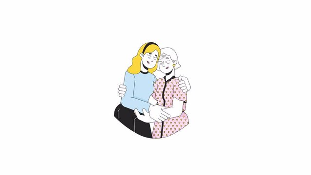 Caucasian elderly mother daughter hugging line 2D characters animation. Comforting support flat color cartoon 4K video, alpha channel. Grandmother granddaughter animated people on white background