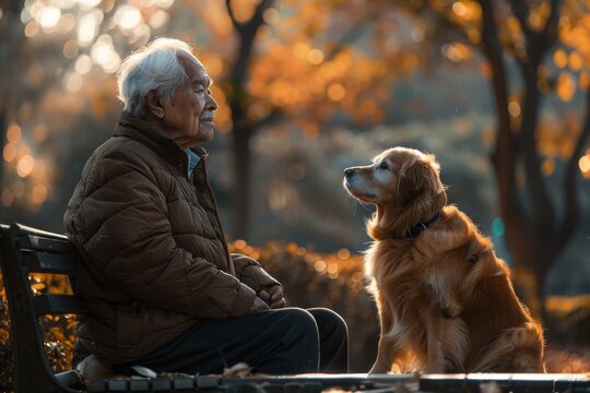 A golden retriever dog sits opposite an elderly Asian man who is sitting on a bench in the park. - Powered by Adobe