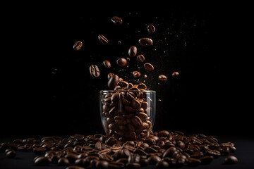 Coffee beans and splash frozen in time, showcasing the lively journey from bean to cup in a single...