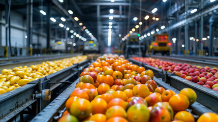 A colorful array of fresh fruits being sorted on an industrial conveyor belt in a facility.